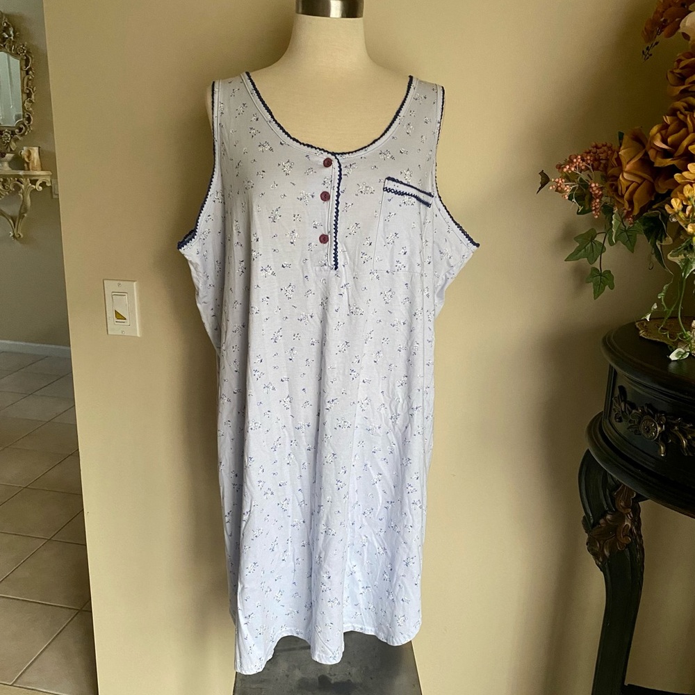 Light Blue Floral Sleep Chemise with Navy Trim night gown